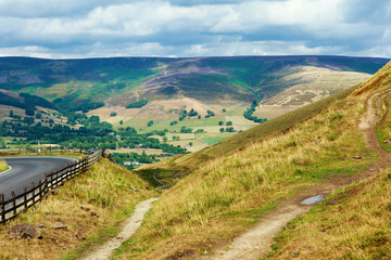 Peak District National Park, Derbyshire, England. view of the hills in Mam Tor with the views of the fields, selective focus