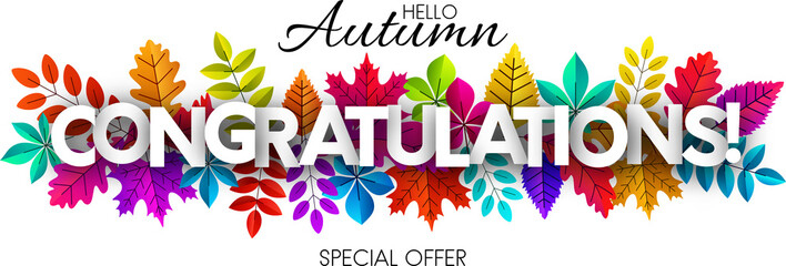Hello autumn. Congratulations banner with colorful leaves.
