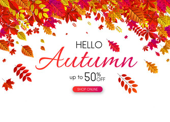 Autumn 50% sale. Promotion card with red leaves.