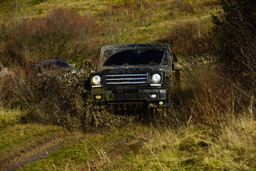 Fototapeta na wymiar Off road car takes part in automobile racing on nature background. Extreme and four wheel drive concept. Splash of dirt under SUV on countryside road. Cross country rallying in autumn forest