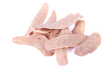 Home made kelantan raw fish cracker on white background.