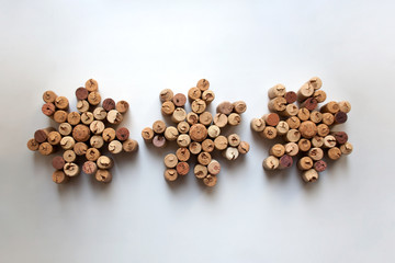 Wine corks snowflakes on white background from a high angle view