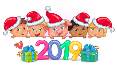 Obraz na płótnie Canvas Cute kids banner Year of the Pig 2019