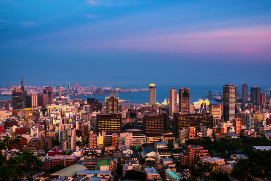 Aerial view of downtown in Kobe, Japan at sunset