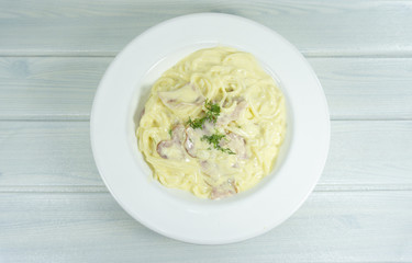 Spaghetti Carbonara in a dish decoration with Bacon and milk line yellow on white background,Top view,Copy space Close up.