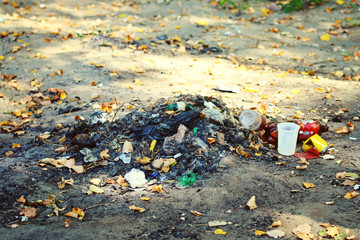 Environmental problem. Garbage dump in the forest.