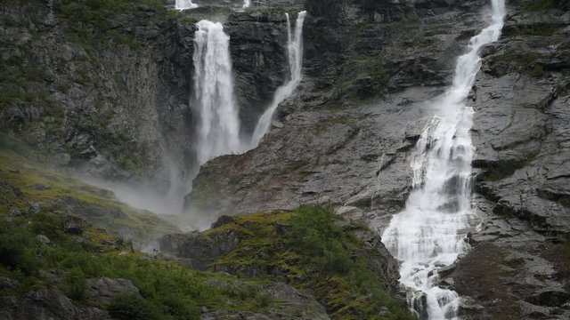 Scenic Norwegian Waterfalls Falling Into the Valley