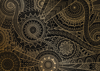 Mandala movement in golden lines on black background. Vector illustration