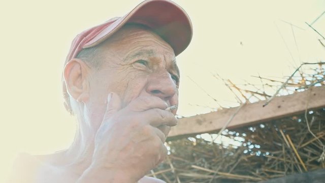Portrait of a smoking hard worker against the background of a rural scene. A farmer in a cap smokes a cigarette
