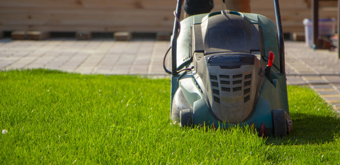 Lawn mower cutting green grass in backyard
