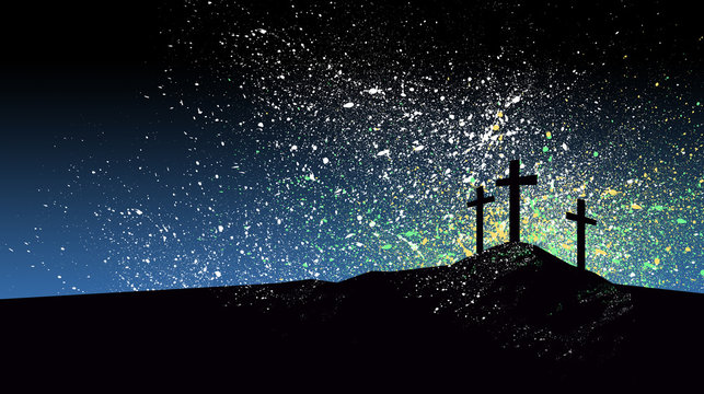 Christian Crosses against graphic splattered blue sky background