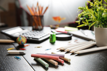 Back to school concept. School and office supplies on office table