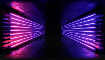 Fotobehang 3d render. Geometric figure in neon light against a dark tunnel. Laser glow. © shacil