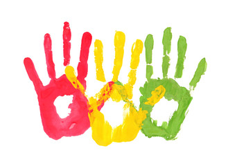handprints in the form of the flag of Guinea. yellow, red, green color of the flag