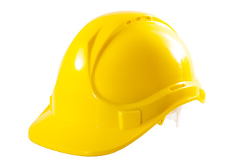 Fototapeta premium Industrial workers or construction site safety equipment concept with a yellow hard hat isolated on white background with a clipping path cutout