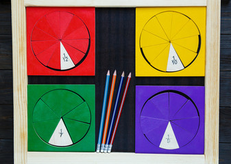 colorful math fractions on chalk board. interesting math for kids. education, back to school concept