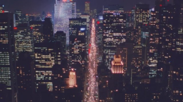 1992 - Nightime aerial of Manhattan New York skyline night.
