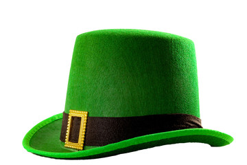 St Patricks day meme and March 17 concept with a green parade hat with a belt and buckle isolated on white background with a clip path cut out