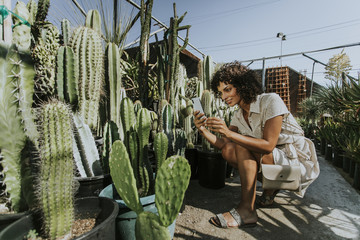 Obraz premium Woman taking photos of cacti at a botanical garden