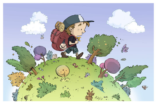 ni&ntilde;o excursionista caminando por el campo