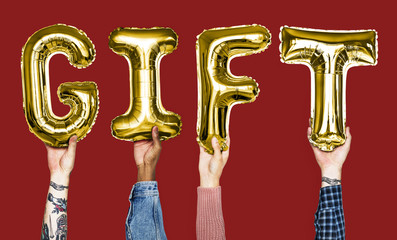 Hands showing gift balloons word