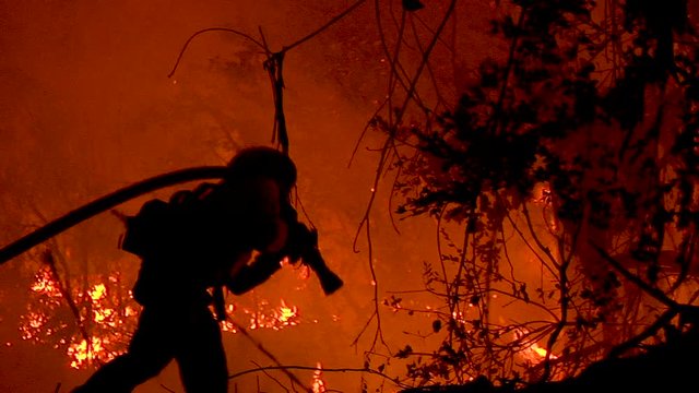 2018 - A firefighter stands in silhouette and fights a huge hillside blaze during the Holiday Fire in Goleta, California.