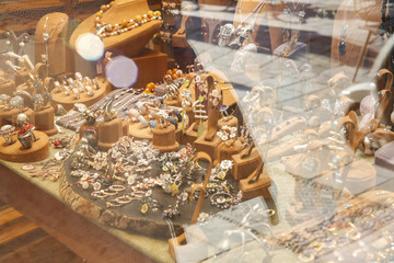 A display window in a jewellery store. A jewellery store is a retail business establishment