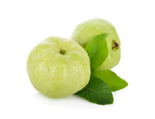 whole fresh guava with leaves on white background