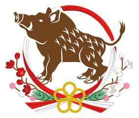 イノシシと水引き飾り　横向き　2019年　干支　年賀状素材