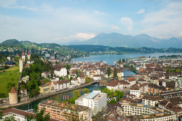 Fototapeta na wymiar Aerial view of the old town, Lucerne city with lake Lucerne and Rigi mountain in background, Switzerland.