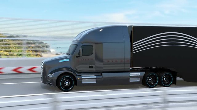 Black Fuel Cell Powered American Truck driving on highway. 3D rendering animation.