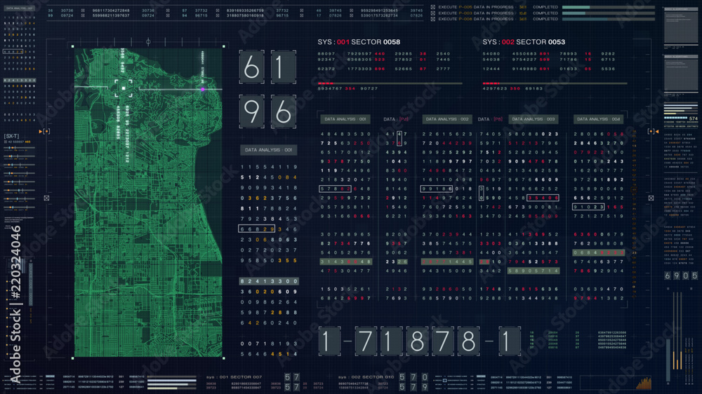 Poster Abstract running numbers code hacking source code and map digital data holographic city buildings and information technology animation for head up display and user interface background