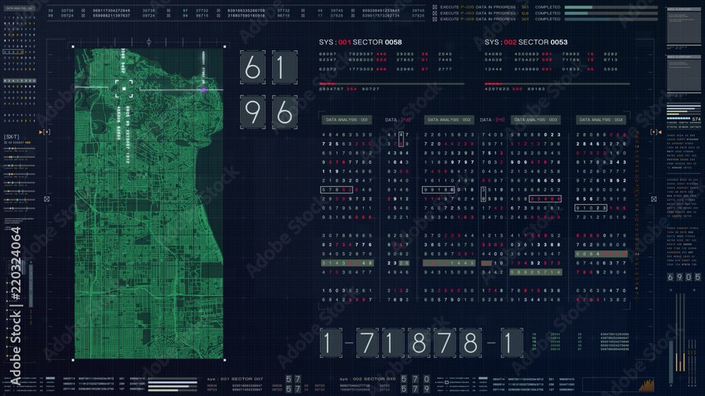Aufkleber Abstract running numbers code hacking source code and map digital data holographic city buildings and information technology animation for head up display and user interface background