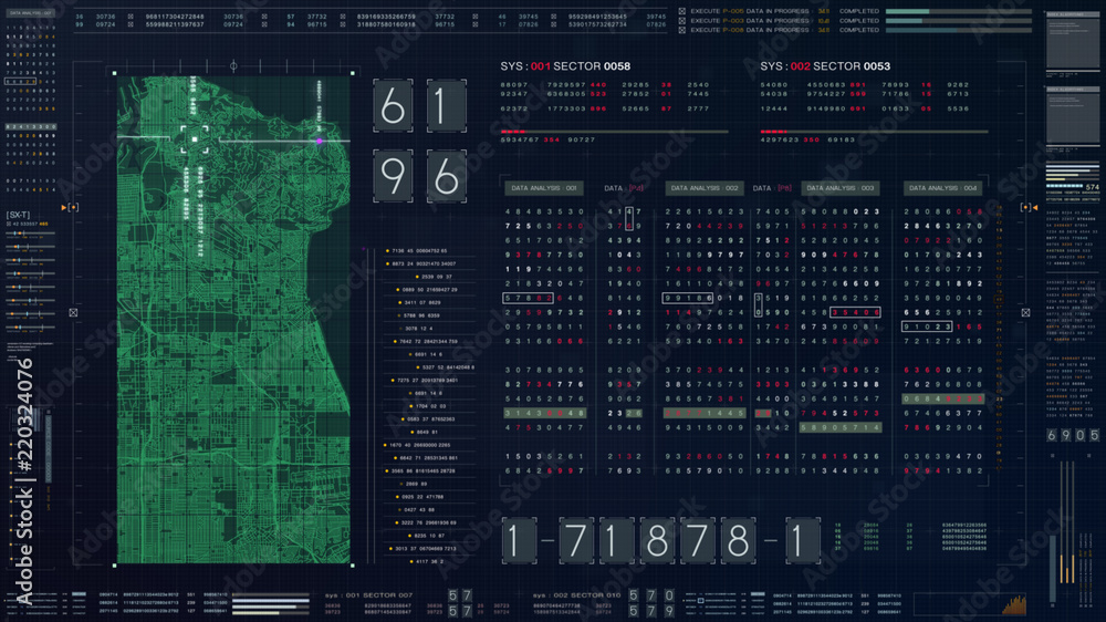 Poster Abstract running numbers code hacking source code and map digital data holographic city buildings and information technology animation for head up display and user interface background
