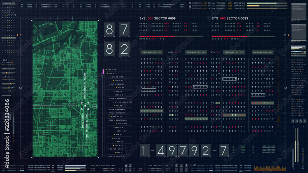 Poster Abstract running numbers code hacking source code and map digital data holographic city buildings and information technology animation for head up display and user interface background