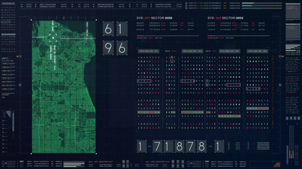 Abstract running numbers code hacking source code and map digital data holographic city buildings...
