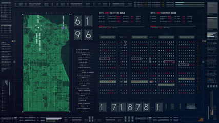 Abstract running numbers code hacking source code and map digital data holographic city buildings...