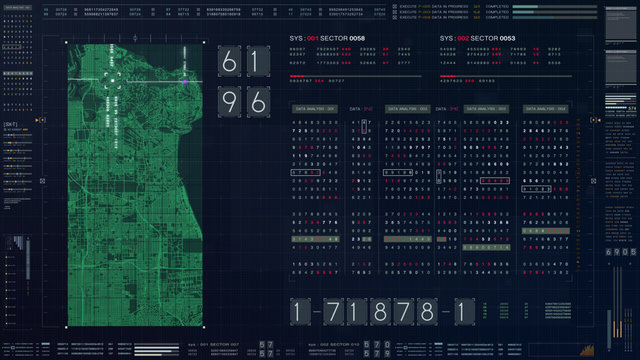 Abstract running numbers code hacking source code and map digital data holographic city buildings and information technology animation for head up display and user interface background