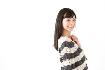 portrait of young asian woman relaxing on white background