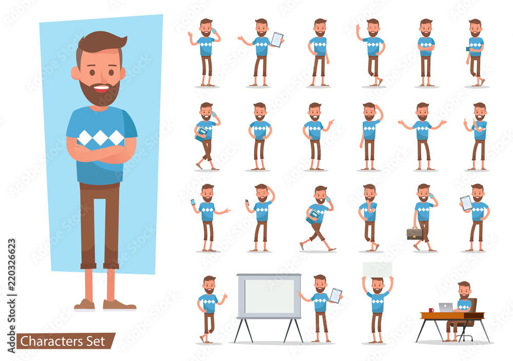 Poster set of office man worker character vector design. presentation in various action with emotions, runn