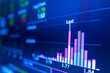 Stock market graph analysis. Stock market data on LED display on laptop screen for finance and economic. Business graph background.