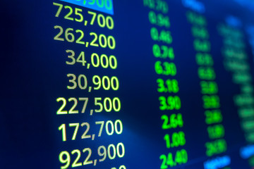 Stock market graph analysis. Stock market data on LED display on laptop screen for finance and economic. Business graph background.