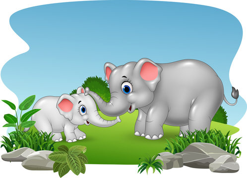 Cartoon Mother and baby elephant in the jungle