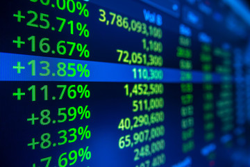 Obraz premium Stock market graph analysis. Stock market data on LED display on laptop screen for finance and economic. Business graph background.