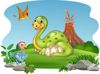 Cartoon dinosaur with her eggs in the jungle