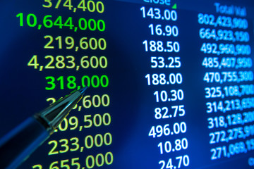 Stock market graph analysis. Stock market data on LED display on laptop screen for finance and economic. Business graph background.