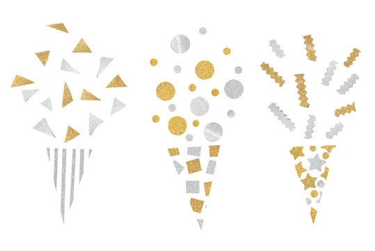 Gold And Silver Glitter Party Popper Paper Cut Background - Isolated