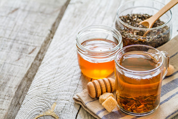 Black tea in glass cup, closeup
