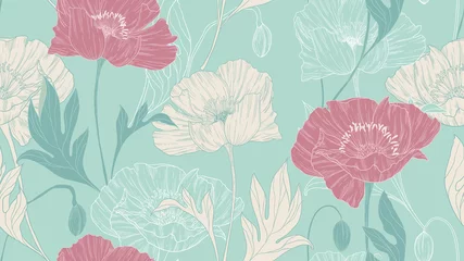 Muurstickers Seamless pattern, hand drawn pastel poppy flowers with leaves on green background © momosama