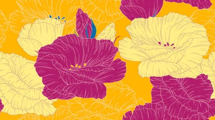 Zelfklevend Fotobehang Seamless pattern, hand drawn colorful Eustoma / lisianthus / prairie gentian flowers on yellow background © momosama